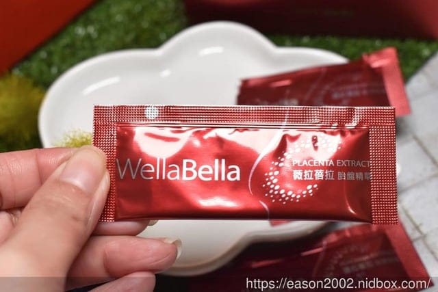 薇拉蓓拉WellaBella 胎盤精華。女神級的滋補養生秘密武器。含6種珍貴美顔精華成分配方，每天早上空腹或是晚餐飯後食用，一天1包，維持肌膚水潤透亮的好氣色